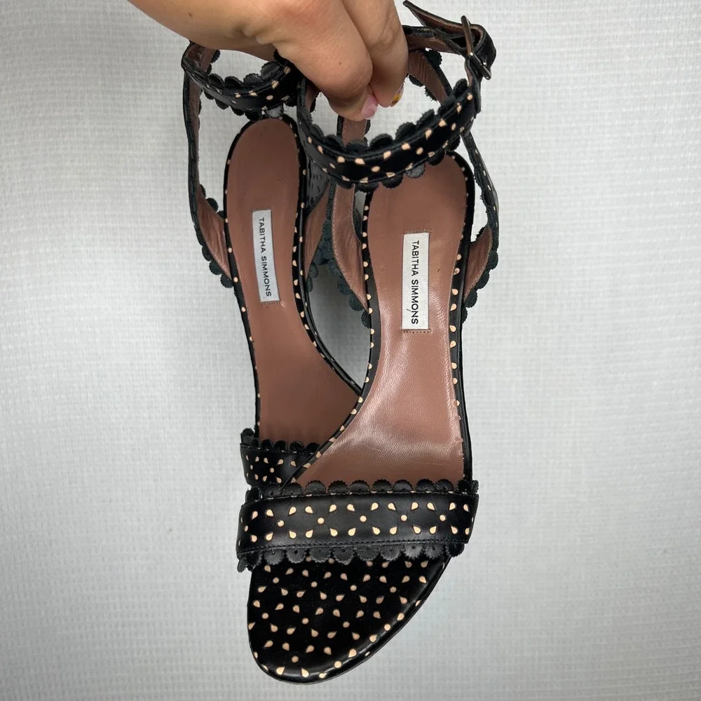 Tabitha Simmons Black Polka Dot‎ Leather Block Heel Sandals Scalloped Strap